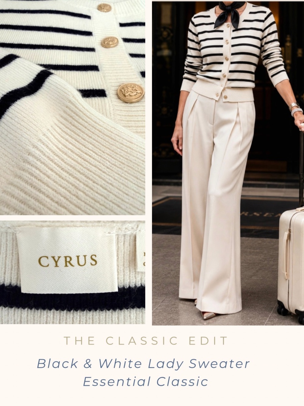 Cyrus | Lady Sweater | Cream & Black Breton Stripe Cardigan | Gold Buttons | S - Picture 1 of 12